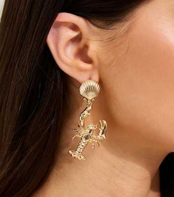 Gold Tone Lobster Drop Stud Earrings