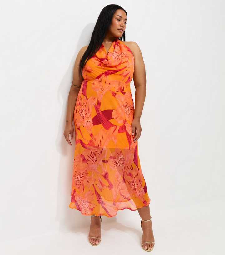 Curves Bright Orange Floral Halter Maxi Dress