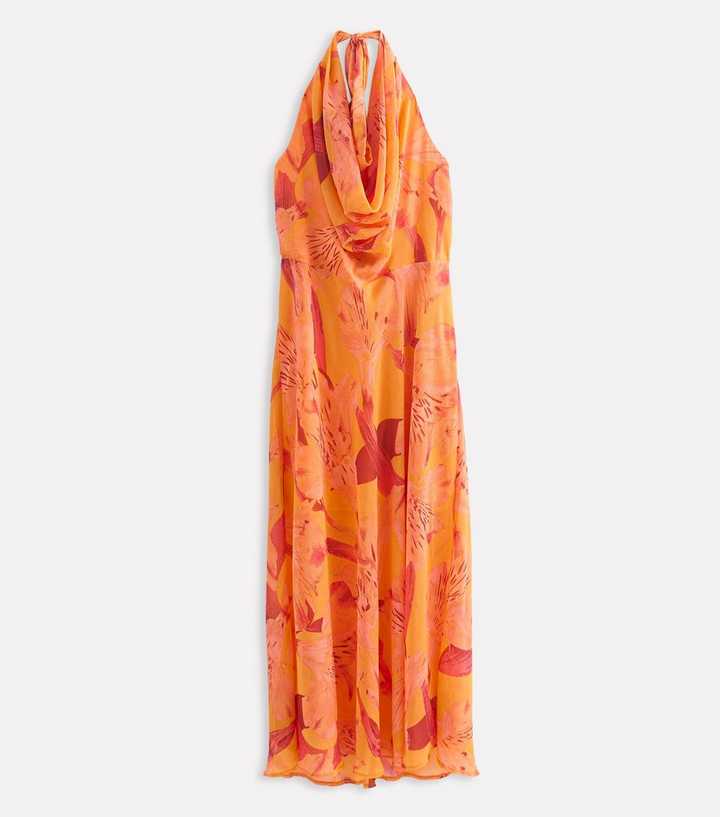 Curves Bright Orange Floral Halter Maxi Dress