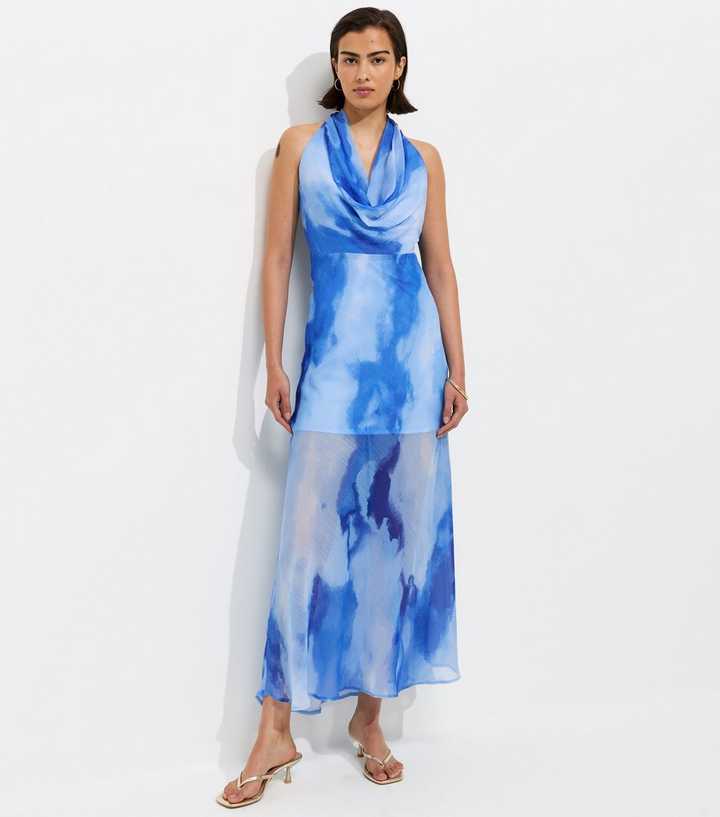 Blue Chiffon Cowl Halter Neck Maxi Dress