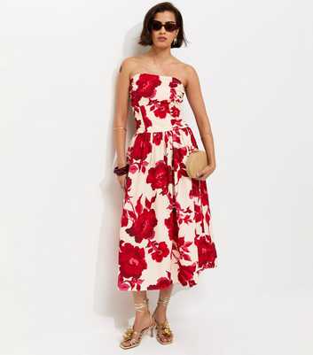 Pink Floral Print Ruched Bandeau Midi Dress