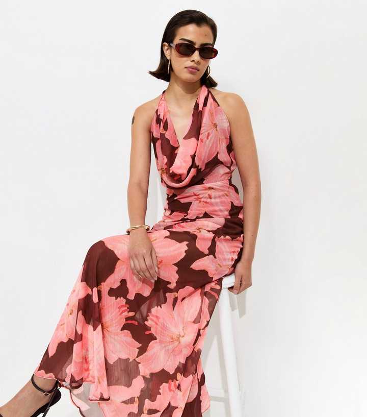 Pink Chiffon Floral Cowl Halter Neck Maxi Dress