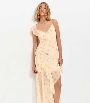 Cream Chiffon Ruffle Trim Floral Midi Dress