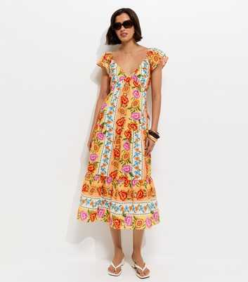 Yellow Cotton Floral Flutter Sleeve Midi Dress