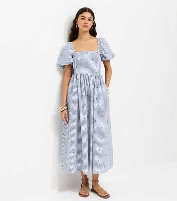 Blue Cotton Striped Floral Milkmaid Midi Dress