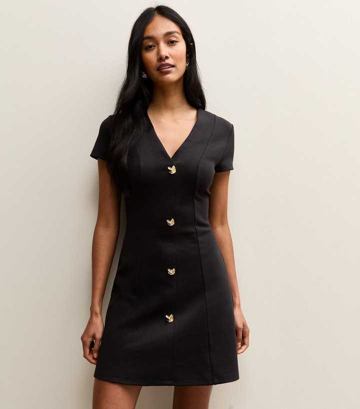 Black Abstract Button Short Sleeve Mini Dress