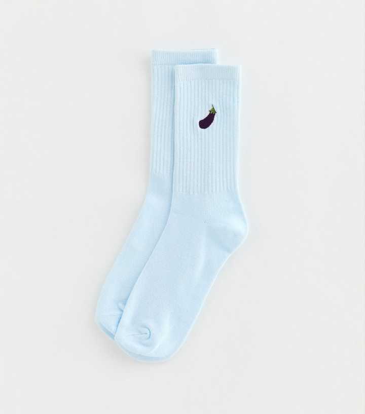 Blue Embroidered Aubergine Ribbed Tube Socks