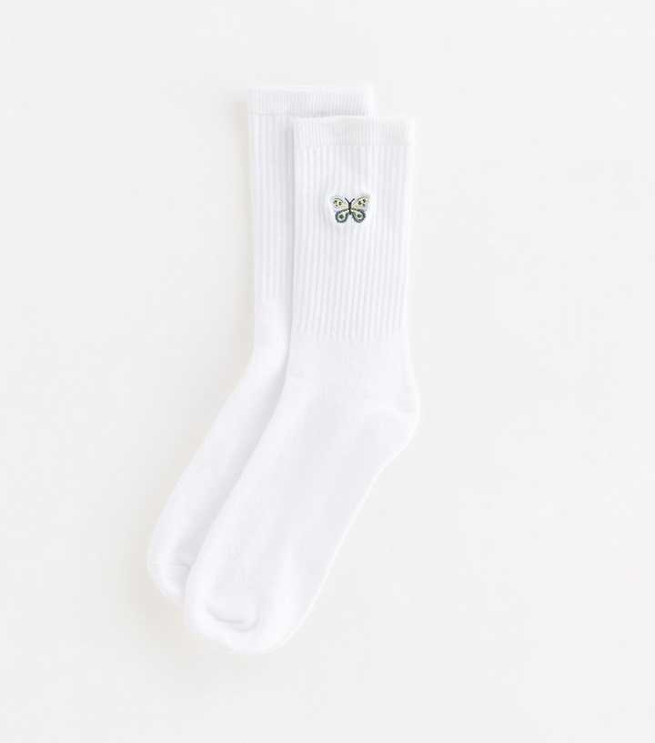 White Embroidered Butterfly Tube Socks
