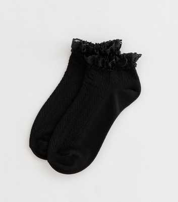 Black Herringbone Frilly Lace Trim Trainer Socks