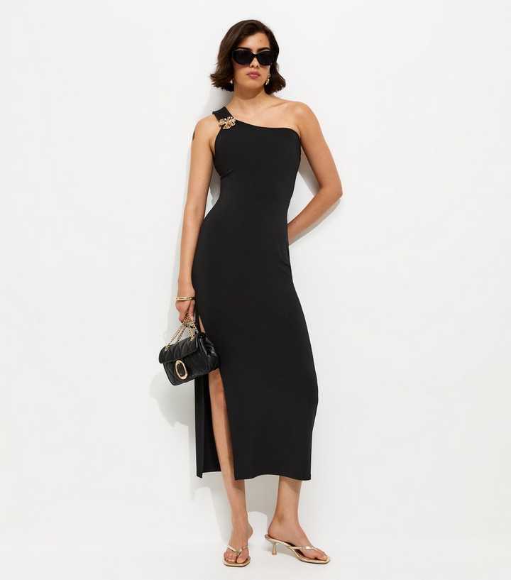 strapless open back dress Issy One Shoulder Midi Dress in Black – Coco & Lola