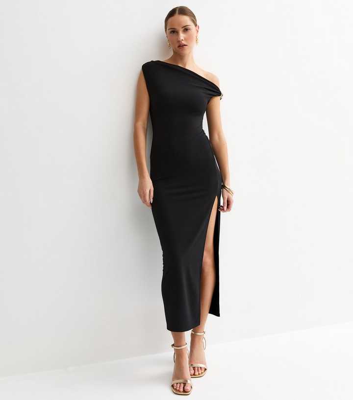 Black Jersey Off The Shoulder Midi Dress