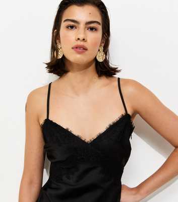 Black Lace Trim Slip Strappy Midi Dress