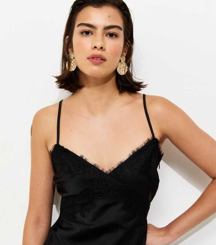 Black Lace Trim Slip Strappy Midi Dress