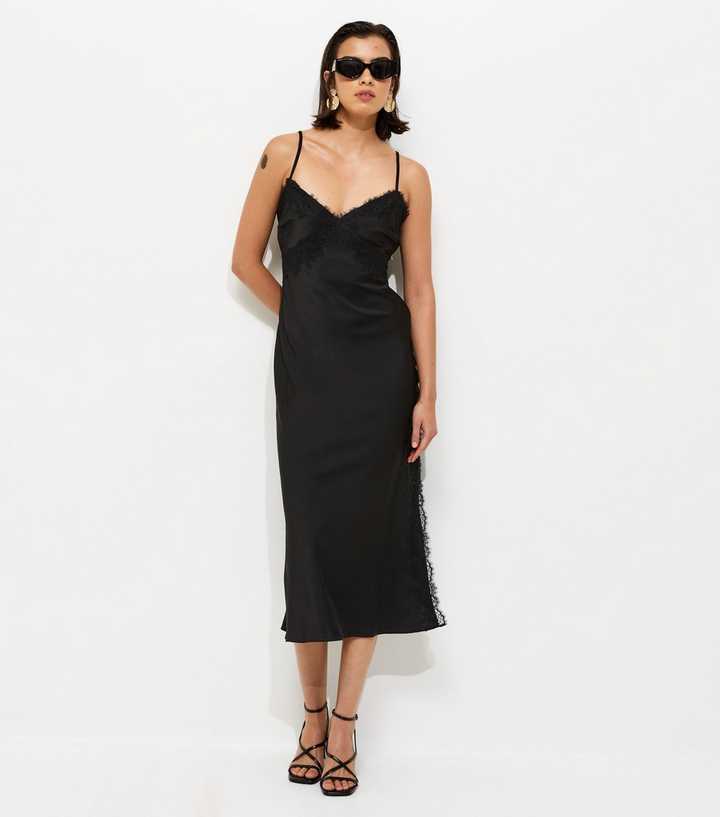 Black Lace Trim Slip Strappy Midi Dress | New Look
