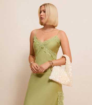 Light Green Lace Trim Slip Strappy Midi Dress