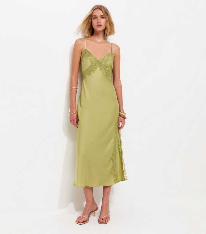 Light Green Lace Trim Slip Strappy Midi Dress