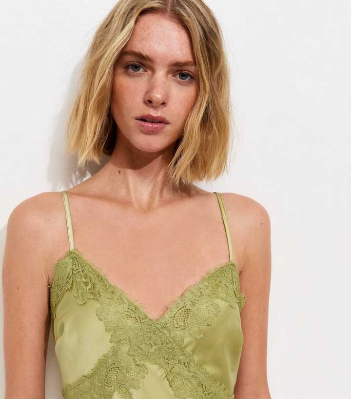 Light Green Lace Trim Slip Strappy Midi Dress | New Look
