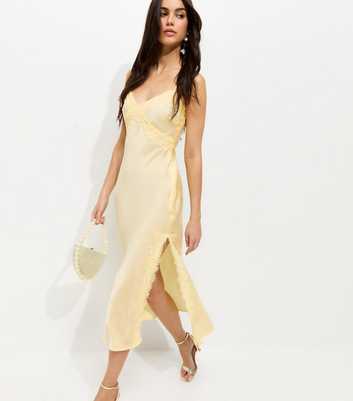 Light Yellow Lace Trim Slip Strappy Midi Dress