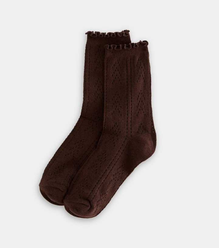 Dark Brown Frill Top Pointelle Ankle Socks