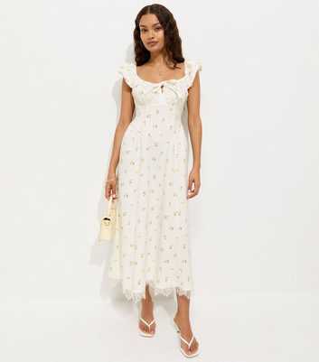 Petite Cream Floral Print Milkmaid Midi Dress