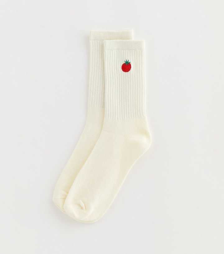 White Embroidered Tomato Ribbed Tube Socks