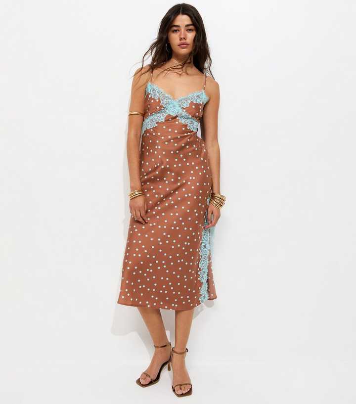 Brown Polka Dot Contrast Lace Trim Slit Midi Dress