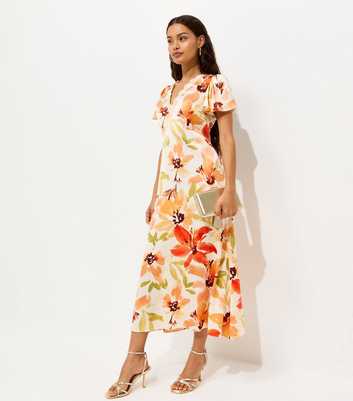 Petite Orange Watercolour Floral Print Flutter Sleeve Midi Dress