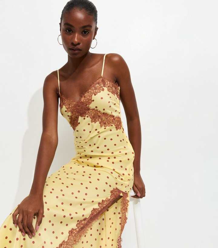 Yellow Lace Trim Polka Dot Cami Midi Dress | New Look