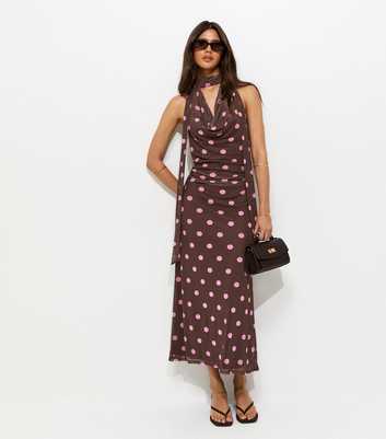 Brown Polka Dot Cowl Neck Scarf Trim Midi Dress