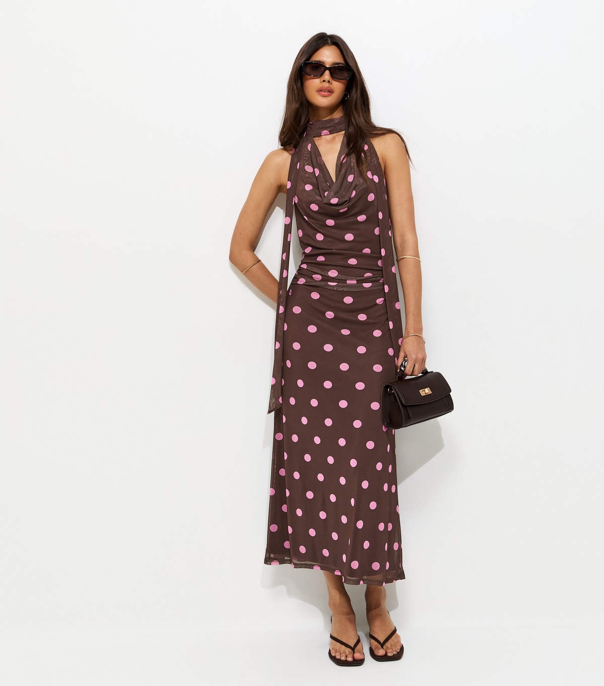 Women's Brown Polka Dot Cowl Neck Scarf Trim Midi Dress New Look