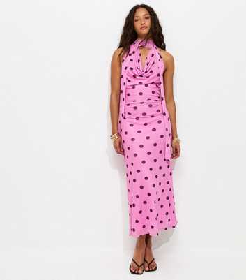 Pink Polka Dot Cowl Neck Scarf Trim Midi Dress