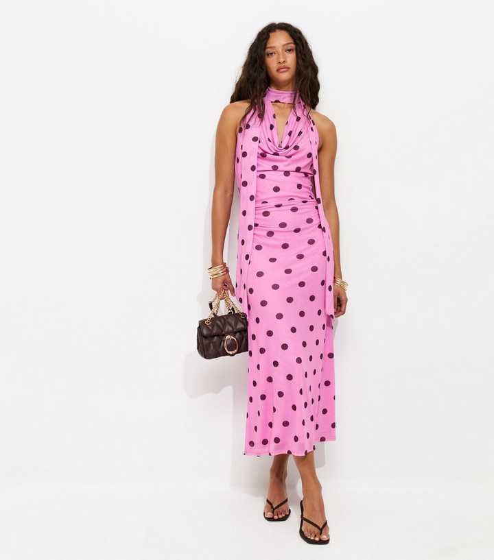 Pink Polka Dot Cowl Neck Scarf Trim Midi Dress | New Look