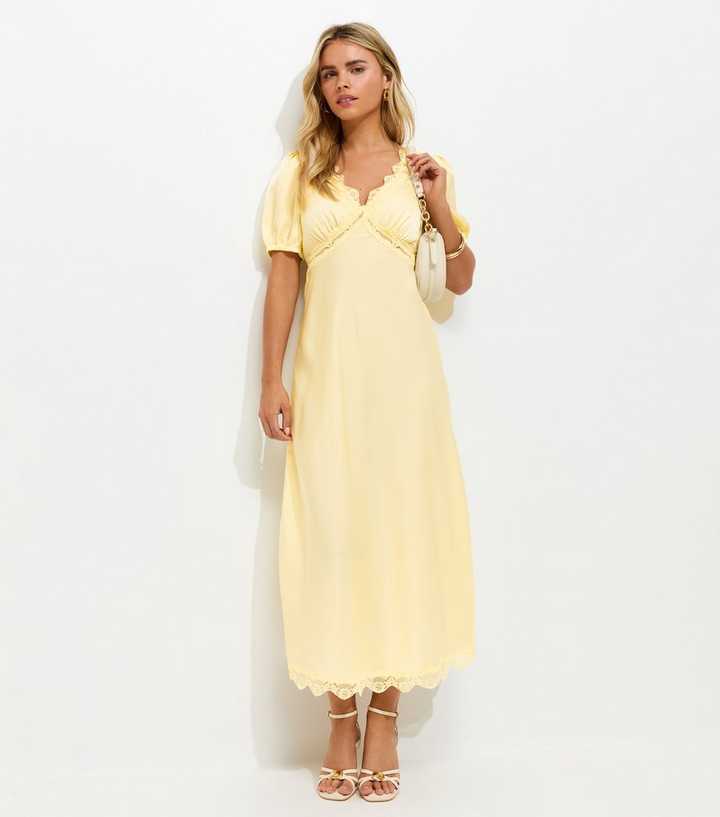 Petite Yellow Lace Trimmed Satin Midi Dress