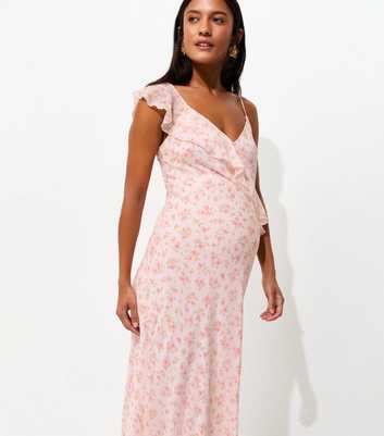 Maternity Light Pink Floral Chiffon Ruffle Midi Dress