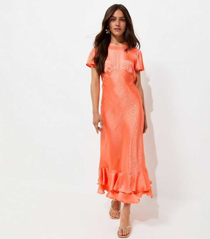 Petite Bright Orange Feather Jacquard Satin Midi Dress