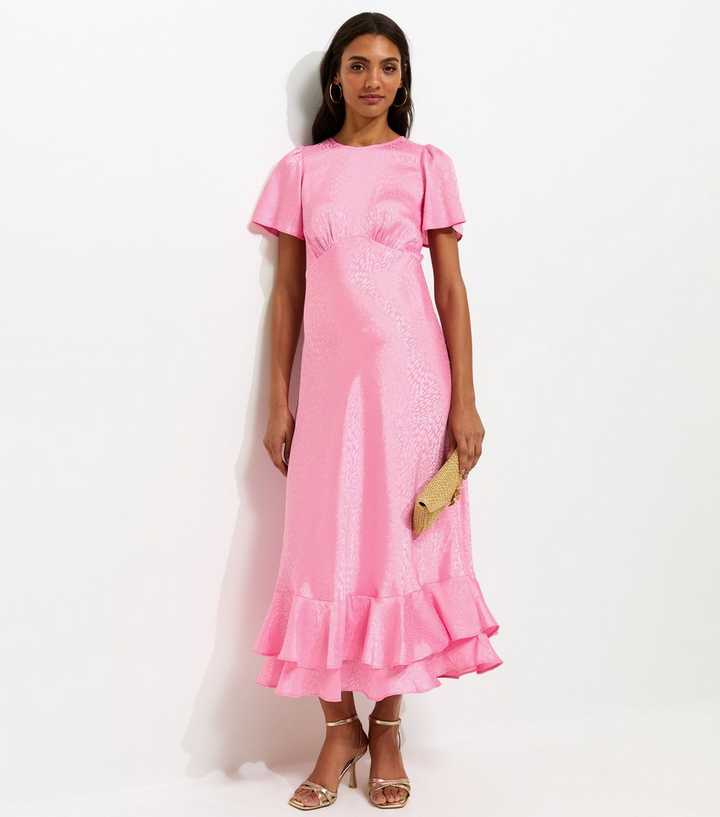 Maternity Pale Pink Satin Ruffled Hem Midi Dress