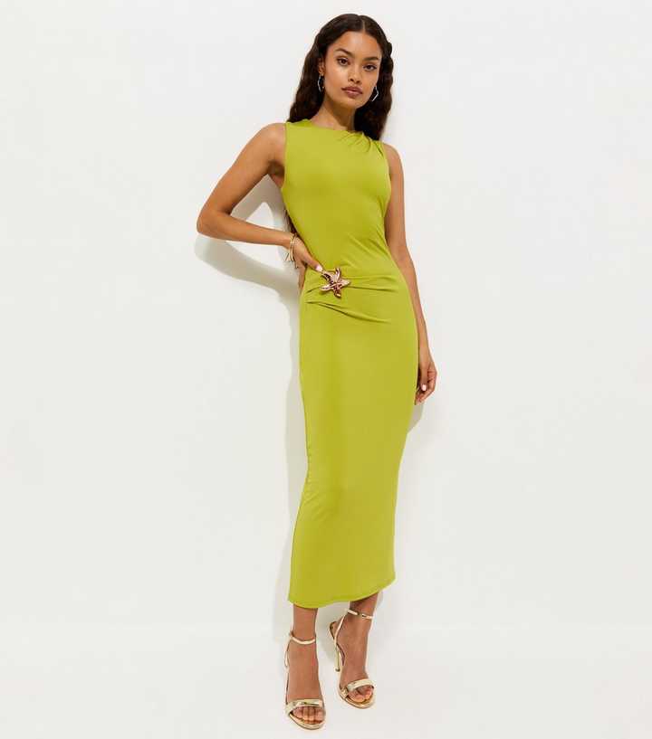 Petite Bright Green Starfish Charm Ruched Midi Dress