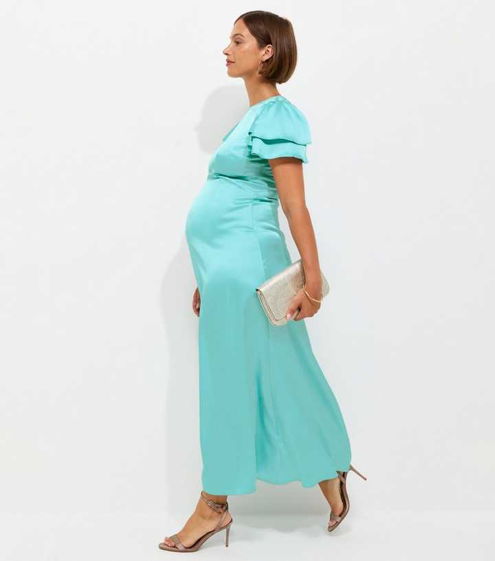 Maternity Light Blue Occasion Frill Flutter Satin Midi Dress