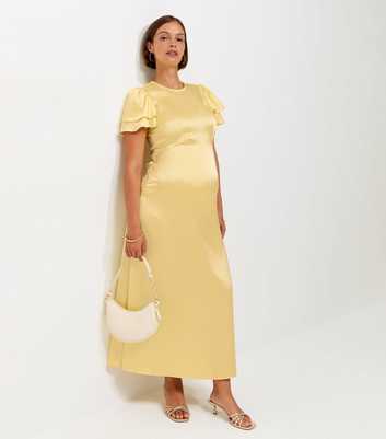 Maternity Light Yellow Occassion Frill Flutter Satin Midi Dress