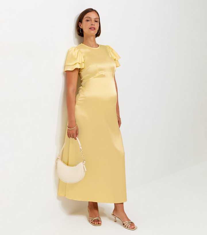 Maternity Light Yellow Occassion Frill Flutter Satin Midi Dress