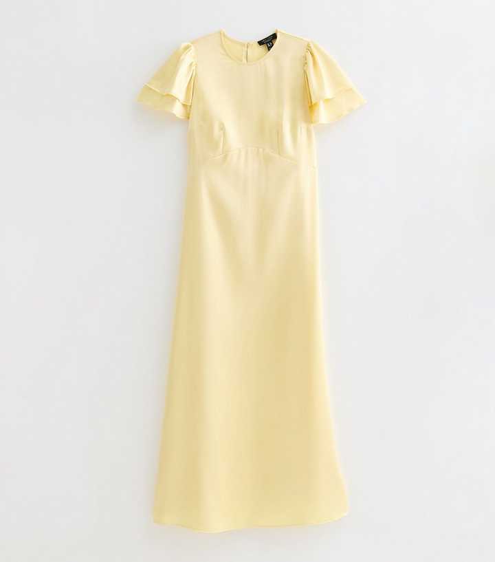 Maternity Light Yellow Occassion Frill Flutter Satin Midi Dress