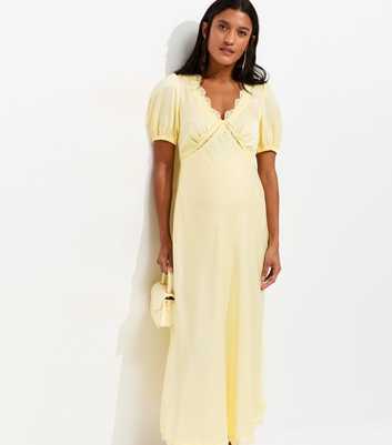 Maternity Yellow Lace Trimmed Satin Midi Tea Dress