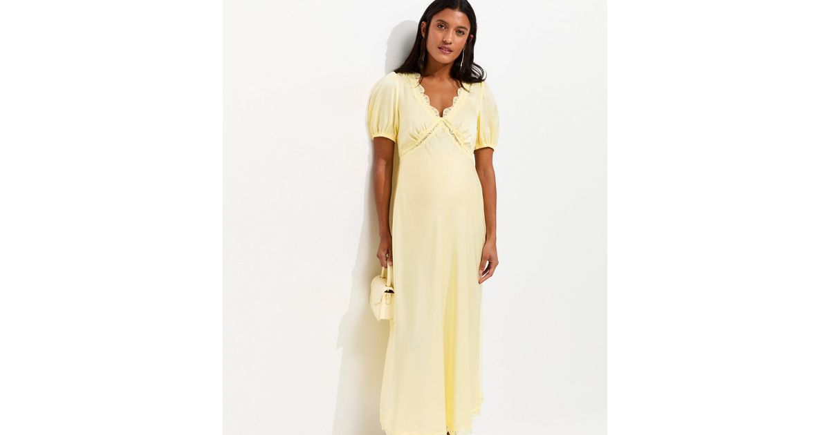 Maternity Yellow Lace Trimmed Satin Midi Tea Dress | New Look
