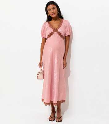 Maternity Light Pink Satin Lace Trim Jacquard Midi Dress