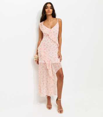 Light Pink Floral Chiffon Ruffle Midi Dress