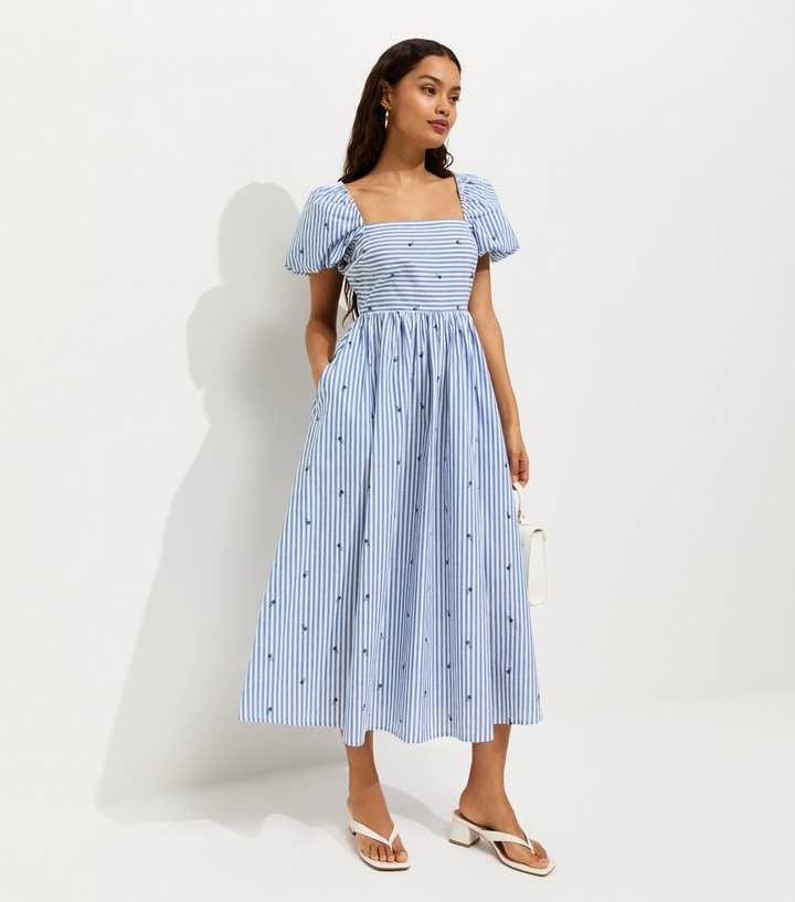 Petite Blue Cotton Floral Stripe Print Milkmaid Puff Sleeve Midi Dress