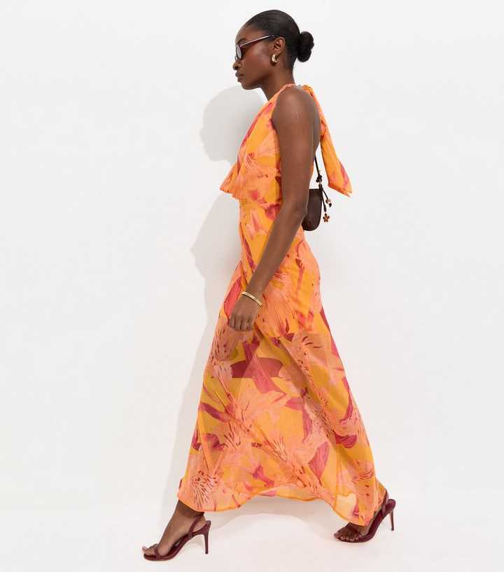 Bright Orange Floral Halter Maxi Dress | New Look