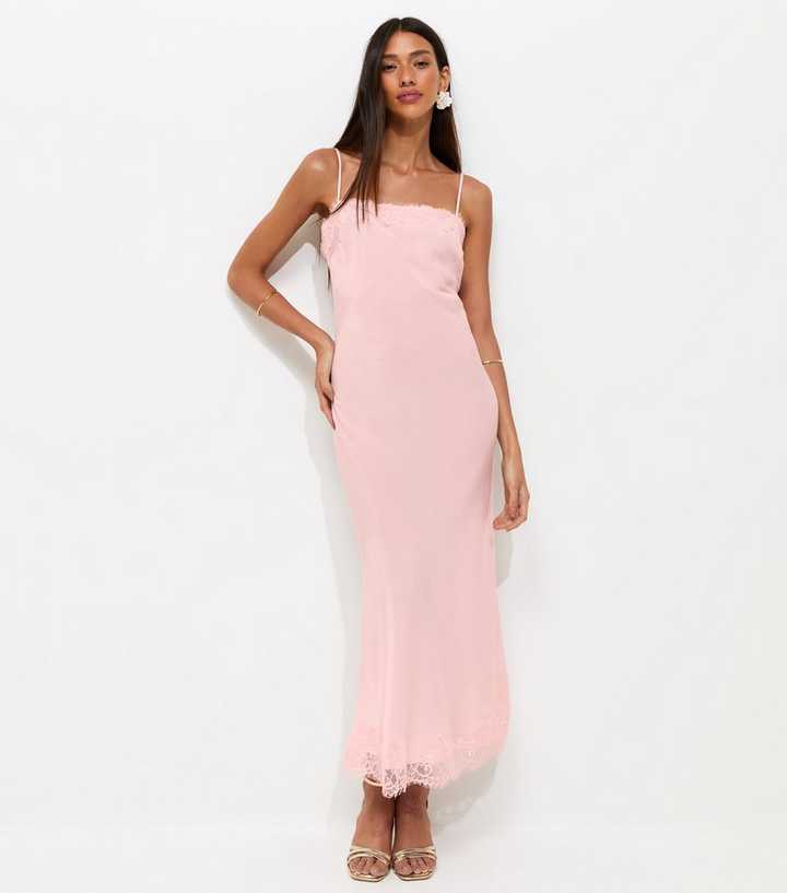 Pink Satin Lace Trimmed Midi Dress