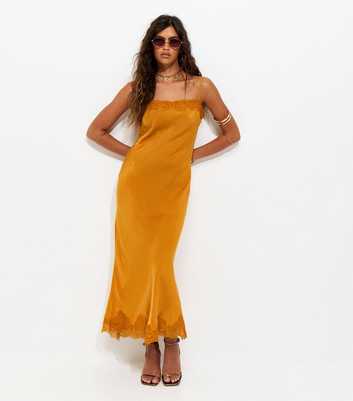 Dark Yellow Satin Lace Trimmed Midi Dress