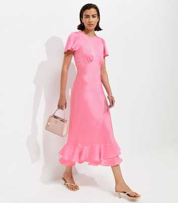 Pale Pink Satin Ruffled Hem Midi Dress